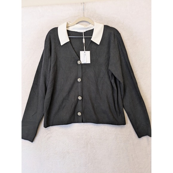 Sioni Milano Sweaters - NEW Sioni Cardigan Sweater Women's L Black White Rhinestone